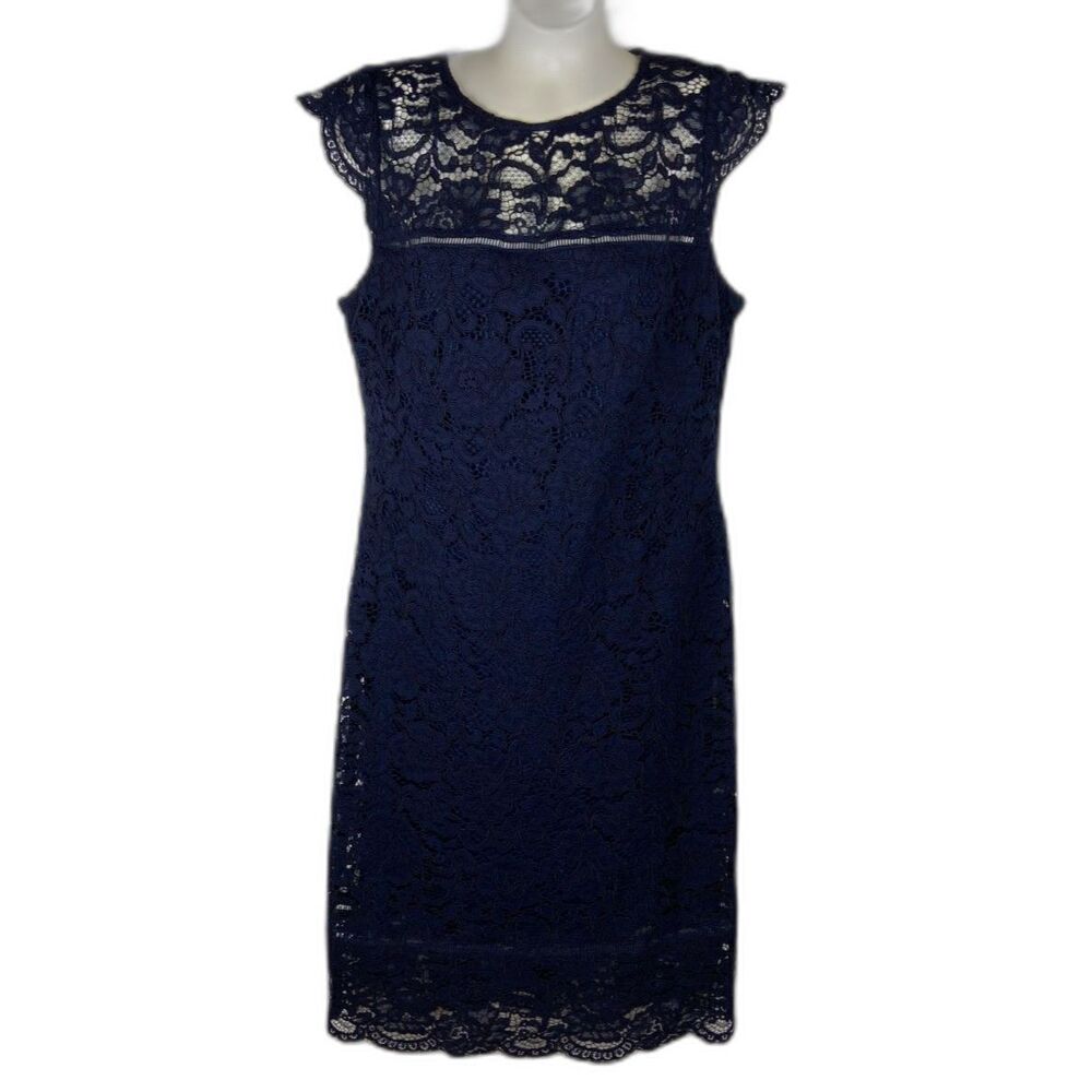 NWT Lauren Ralph Lauren Navy Lace Cap Sleeve Midi Dress  SZ 10